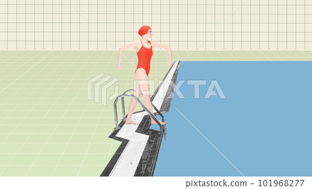 Young girl in red swimsuit and swimming cap, swimming athlete walking into water, pool to dive. Contemporary art collage. 101968277