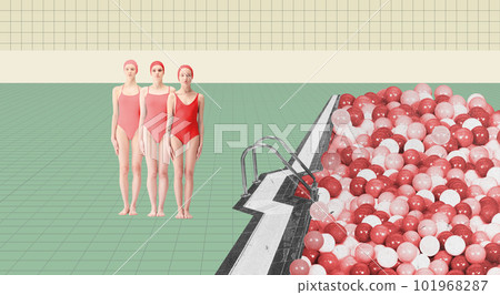 Three young girls in red swimsuits and swimming cap ready to jump into pool with many balls. Contemporary art collage. 101968287