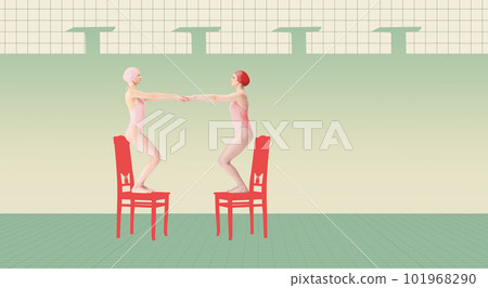 Two girls, swimming athletes in swimsuits and cap standing on chair, holding hands, training before swimming. Contemporary art collage. 101968290
