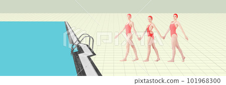 Young girls, female swimming athletes in red swimsuit and swimming cap walking forward to pool. Training. Contemporary art collage. 101968300