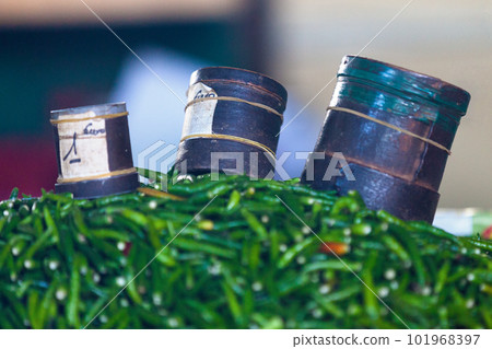 Stack of Piment oiseau on a market stall Stack of Piment oiseau on a market stall 101968397