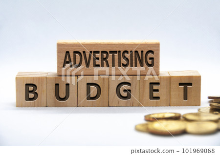Advertising budget text engraved on wooden blocks on white background cover. Business and budgeting concept. Advertising budget text engraved on wooden blocks on white background cover. Business and budgeting concept. 101969068
