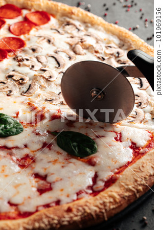 Cutting four seasons pizza with special knife Cutting four seasons pizza with special knife 101969156