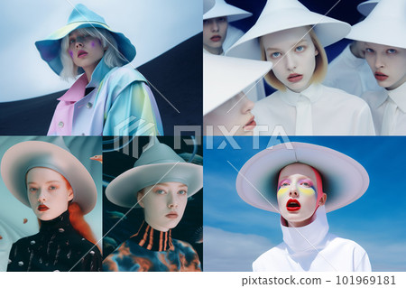 Illustration of a white female model, unique fashion 101969181