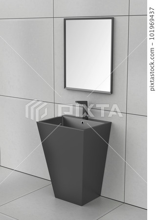 Black wash basin with faucet and mirror Black wash basin with faucet and mirror 101969437