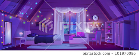 Cartoon attic room interior at night Cartoon attic room interior at night 101970086