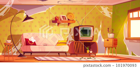 Abandoned house room with broken sofa cartoon Abandoned house room with broken sofa cartoon 101970093