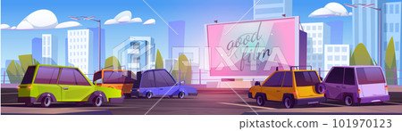 Cartoon drive-in cinema with many cars 101970123