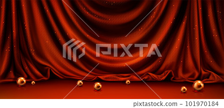 Realistic red silky curtain with golden beads 101970184