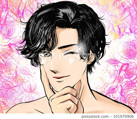 A cartoon-style illustration of a handsome man winking after getting beautiful skin with permanent hair removal. Flower garden background. 101970906