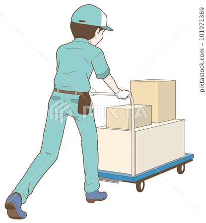 Illustration of a delivery person/delivery person [cardboard, cart, luggage, logistics, transportation, men, home delivery] 101971369