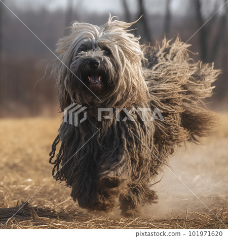 Dog breed Puli runs across the field, long black wool flutters in the wind, cute dog, ai generative Dog breed Puli runs across the field, long black wool flutters in the wind, cute dog, ai generative 101971620