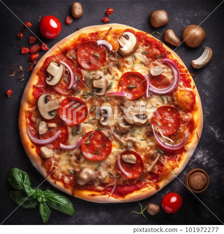 Mouthwatering pizza with pepperoni mushrooms onion. Top view. AI generated. 101972277