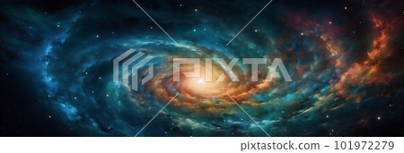 Abstract colourful spiral galaxy in space, interstellar nebula, realistic swirling vortex. AI generated 101972279