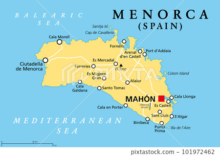 Menorca, or Minorca, political map, with capital Mahon or Port Mahon, official Mao. Island of the autonomous community of the Balearic Islands, located in the Mediterranean Sea, and part of Spain. Menorca, or Minorca, political map, with capital Mahon or Port Mahon, official Mao. Island of the autonomous community of the Balearic Islands, located in the Mediterranean Sea, and part of Spain. 101972462