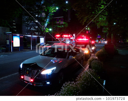 警燈亮著的警車,夜間的犯罪現場 警燈亮著的警車,夜間的犯罪現場 101973728