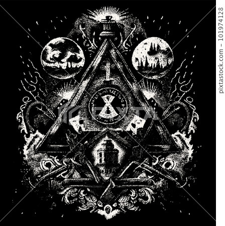 Occult symbols composition in dotwork style. Abstract mystic elements, floral wreath and sacred triangle in retro flat lay composition. 101974128