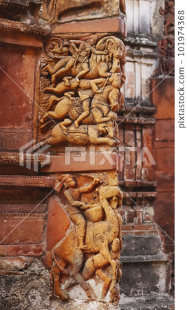 Depicting of War Scenes on the Lalji Temple, Kalna, West Bengal, India. 101974368