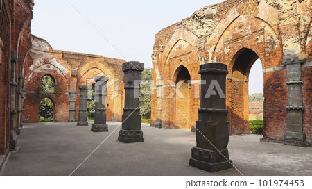 Carvings on the Bricks and Stone Pillars of Eklakhi Mosque, Gour, Malda, West Bengal, India. 101974453