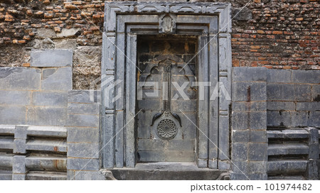 Mosque Symbol and Hindi God Ruin Sculpture on Adina Mosque, West Bengal, India. 101974482