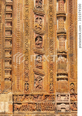 Sculptures of Hindu God and Goddess on the Char Bangla Temple, Jiaganj, West Bengal, India. Sculptures of Hindu God and Goddess on the Char Bangla Temple, Jiaganj, West Bengal, India. 101974500