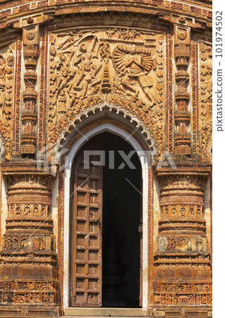 Carved Entrance of one of the four Charbangla Temple, Jiaganj, West Bengal, India. Carved Entrance of one of the four Charbangla Temple, Jiaganj, West Bengal, India. 101974502