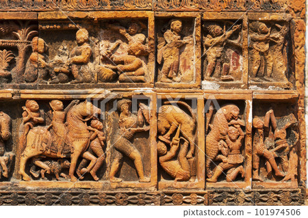 Scenes of fighting and animals depicted on the Char Bangla Temple, Jiaganj, West Bengal, India. 101974506