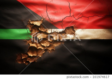 Cracked flag of Sudan abstract concept od civil war between Sudanese government forces and the paramilitary Rapid Support Forces illustration generative ai 101974617