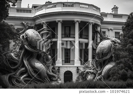 Washington DC White House in a Biomechanical town that blend human physiques with machines illustration generative ai 101974621