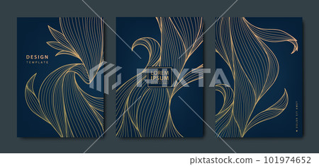 Vector japanese leaves art deco patterns. Floral golden elements template in vintage style. Luxury line covers, labels, frames, invitations, brochures, packaging, luxury products, perfume, soap, wine. Vector japanese leaves art deco patterns. Floral golden elements template in vintage style. Luxury line covers, labels, frames, invitations, brochures, packaging, luxury products, perfume, soap, wine. 101974652