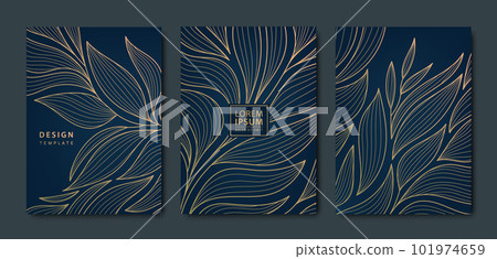 Vector japanese leaves art deco patterns. Floral golden elements template in vintage style. Luxury line covers, labels, frames, invitations, brochures, packaging, luxury products, perfume, soap, wine. Vector japanese leaves art deco patterns. Floral golden elements template in vintage style. Luxury line covers, labels, frames, invitations, brochures, packaging, luxury products, perfume, soap, wine. 101974659