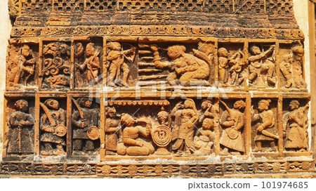 Depicting's of King, Queen and Warriors on the Char Bangla Temple, Jiaganj, West Bengal, India. 101974685