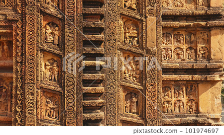 Carvings of Human Life on the Gangeshwar Temple, Jiaganj, West Bengal, India. 101974697