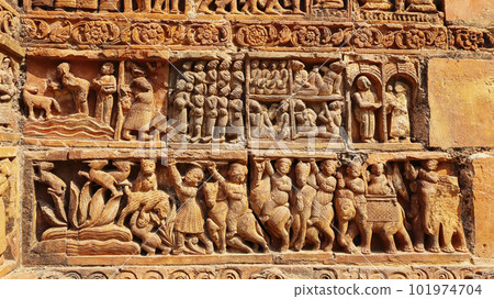 Carvings of Ancient Human Lifestyle on the Gangeshwar Temple, Jiaganj, West Bengal, India. Carvings of Ancient Human Lifestyle on the Gangeshwar Temple, Jiaganj, West Bengal, India. 101974704