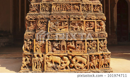 Carving Details on the Gangeshwar Temple, Jiaganj, West Bengal, India. 101974711