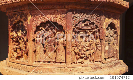 Carvings of Women Wearing traditional Outfits, Gangeshwar Temple, West Bengal, India. 101974712