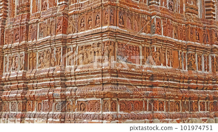 Human Life and Shree Krishna Leela carvings on the Pratapeshwar Temple, Kalna, West Bengal, India. 101974751