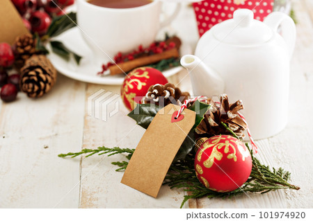 Chrismas themed tea with gifts and decorations 101974920