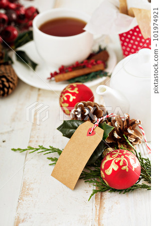 Chrismas themed tea with gifts and decorations 101974921