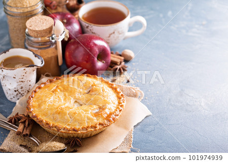 Apple pie with caramel syrup and cinnamon Apple pie with caramel syrup and cinnamon 101974939