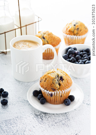 Bright and airy breakfast with blueberry muffin Bright and airy breakfast with blueberry muffin 101975023