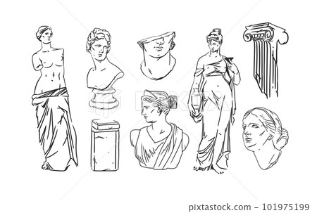 Hand drawn vector abstract outline,graphic,line greek ancient sculpture statue line art modern drawing set.Antique classic statues in trendy bohemian style,outline design concept.Antique statue logo. 101975199