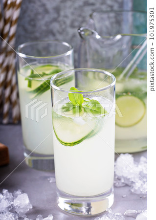 Cucumber lemonade in tall glasses 101975301