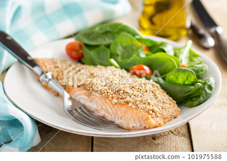 Grilled salmon with nut crust Grilled salmon with nut crust 101975588