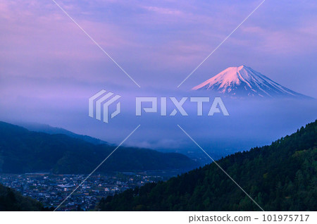 （山梨縣）雲層之上日出的富士山 101975717