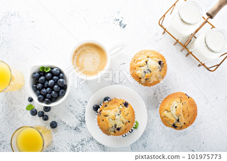Bright and airy breakfast with blueberry muffin 101975773