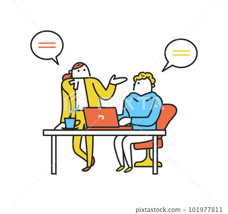 一個男人和一個女人一邊輕鬆地操作電腦一邊聊天插圖素材 101977811