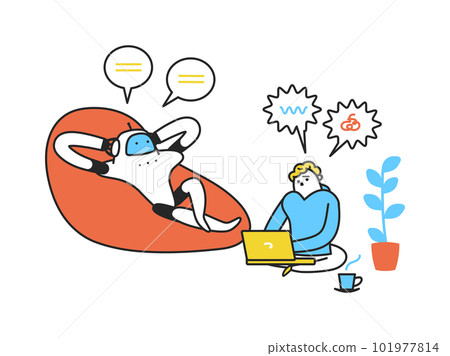 Humanoid robot relaxing on the sofa with a man in trouble while operating a laptop Illustration material Humanoid robot relaxing on the sofa with a man in trouble while operating a laptop Illustration material 101977814