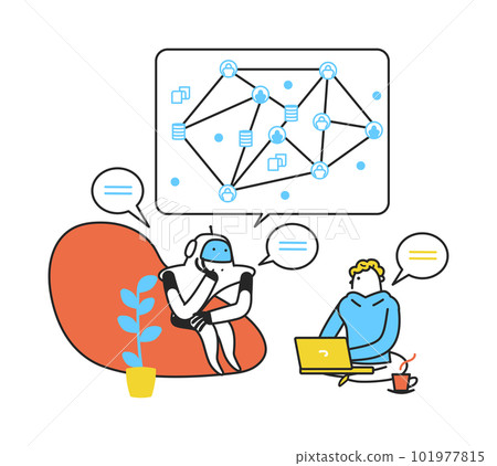 A woman accessing AI on her smartphone or being monitored by an AI robot Illustration material A woman accessing AI on her smartphone or being monitored by an AI robot Illustration material 101977815