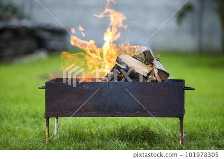 Brightly burning in metal box firewood for barbecue outdoor. Camping, safety and tourism concept. 101978305
